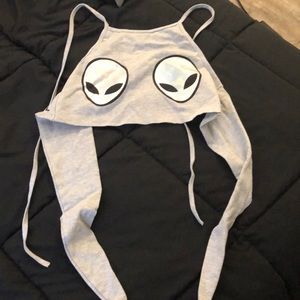 Grey alien tie-back crop top